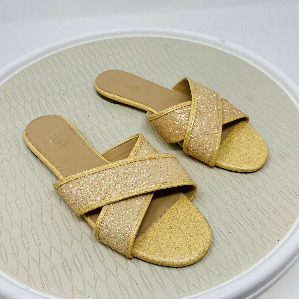 J Crew Glitter Sandals Slides Size 8 Cora Light Yellow Slip On Flats Shoes Cris